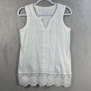 Charter Club Women's Petite Small 100% Cotton Lace Sleeveless Blouse White